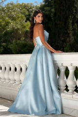 Glamorous Sky Blue Strapless Sleeveless Satin A-Line Prom Dresses Floor Length With Lace-Up Back