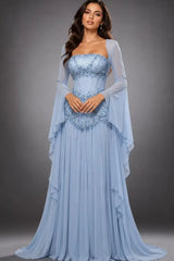 Timeless Blue Long Sleeves Chiffon Prom Dresses Floor Length With Beading Pleats