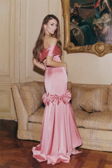 Elegant Dusty Pink Off The Shoulder Mermaid Satin Prom Dresses Floor Length With Pleats