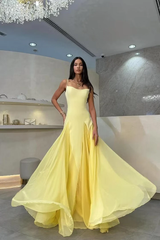 Charming Yellow Spaghetti-Straps Sleeveless Prom Dresses Floor Length With Pleats