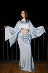 Luxurious Dusty Blue Satin Prom Dresses Mermaid Floor Length With Pleats