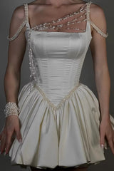 Pretty Straps Sleeveless Satin Homecoming Dresses Mini With Pearls Pleats