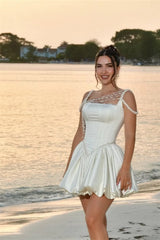 Pretty Straps Sleeveless Satin Homecoming Dresses Mini With Pearls Pleats