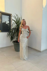 Dazzling Silver Strapless Sleeveless Mermaid Prom Dresses Floor Length With Tassel