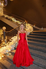 Luxurious Red Sweetheart Strapless Sleeveless Satin Prom Dresses A-Line With Zipper Pleats