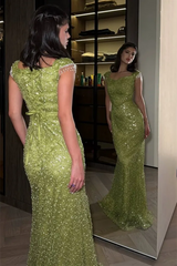 Chic Green Sweetheart Short Sleeves Mermaid Prom Dresses Floor Length With Lace-Up Back
