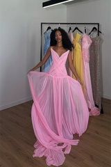 Charming Pink Strapless Sleeveless Chiffon Prom Dresses Gem Pleats With Lace-Up Back