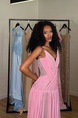 Charming Pink Strapless Sleeveless Chiffon Prom Dresses Gem Pleats With Lace-Up Back