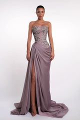 Glamorous Purple Strapless Sleeveless Mermaid Prom Dresses High Split With Lace-Up Back