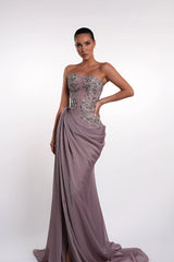 Glamorous Purple Strapless Sleeveless Mermaid Prom Dresses High Split With Lace-Up Back