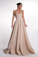 Dazzling Halter Sleeveless A-Line Prom Dresses Floor Length Beads With Lace-Up Back