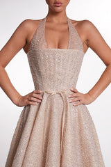 Dazzling Halter Sleeveless A-Line Prom Dresses Floor Length Beads With Lace-Up Back