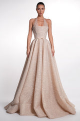 Dazzling Halter Sleeveless A-Line Prom Dresses Floor Length Beads With Lace-Up Back