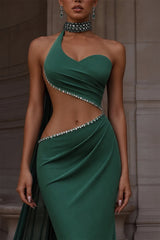 Luxurious Dark Green Sleeveless Satin Mermaid Prom Dresses Sheath Gem With Pleats