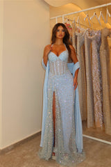 Dazzling Sky Blue Halter Sleeveless Sweetheart Mermaid Prom Dresses Sheath With High Split