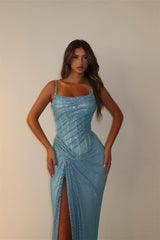 Charming Dusty Blue Spaghetti-Straps Sleeveless Mermaid Prom Dresses High Split With Pleats