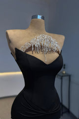 Romantic Black Strapless Sleeveless Satin Mermaid Prom Dresses Column With Pleats