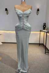 Luxurious Dusty Blue Sweetheart Strapless Sleeveless Mermaid Prom Dresses Floor Length With Pleats