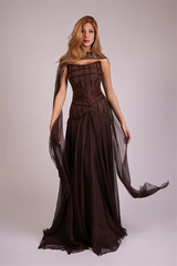 Glamorous Chocolate Strapless Sleeveless Chiffon Prom Dresses Floor Length With Zipper