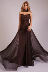 Glamorous Chocolate Strapless Sleeveless Chiffon Prom Dresses Floor Length With Zipper