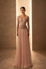 Timeless Dusty Rose Straps Sleeveless Chiffon Prom Dresses Floor Length With Pleats