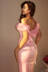Chic Dusty Pink Off The Shoulder Satin Mermaid Prom Dresses Floor Length With Split