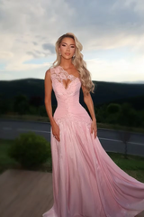 Luxurious Pink One Shoulder Sleeveless A-Line Prom Dresses Floor Length With Pleats