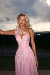 Luxurious Pink One Shoulder Sleeveless A-Line Prom Dresses Floor Length With Pleats