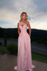 Luxurious Pink One Shoulder Sleeveless A-Line Prom Dresses Floor Length With Pleats