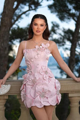 Charming Pink Spaghetti-Straps Sleeveless Mini Satin Homecoming Dresses Pearls With Lace-Up Back