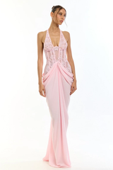 Glamorous Pink Halter Sleeveless Lace Mermaid Prom Dresses Floor Length With Pleats