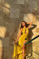 Chic Yellow Halter Sleeveless Satin Mermaid Prom Dresses High Split With Pleats