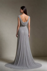 Timeless Gray Straps Sleeveless Chiffon Prom Dresses Floor Length Beads With Zipper Pleats