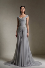 Timeless Gray Straps Sleeveless Chiffon Prom Dresses Floor Length Beads With Zipper Pleats