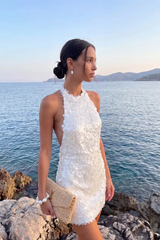 Dazzling White Halter Sleeveless Mini Backless Homecoming Dresses