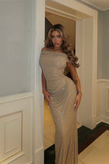 Charming off The Shoulder Mermaid Prom Dresses Floor Length With Zipper Pleats