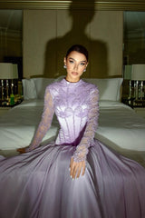 Charming Lilac Long Sleeves A-Line Prom Dresses Floor Length With Pleats
