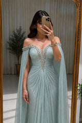 Luxurious Dusty Blue Off The Shoulder Mermaid Prom Dresses Floor Length With Pleats Ruffles