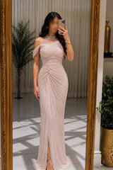Glamorous Off The Shoulder Mermaid Chiffon Prom Dresses Sheath Floor Length With Pleats