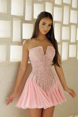 Dazzling Pink Strapless Sleeveless Chiffon Homecoming Dresses Mini With Pleats