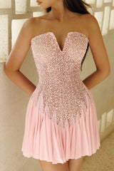 Dazzling Pink Strapless Sleeveless Chiffon Homecoming Dresses Mini With Pleats