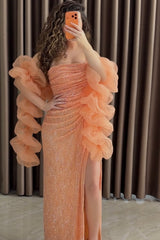 Glamorous Orange Strapless Sleeveless Mermaid Prom Dresses High Split With Pleats