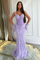 Luxurious Lilac Spaghetti-Straps Sweetheart Sleeveless Lace Prom Dresses Mermaid With Beading