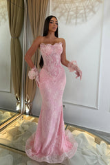 Timeless Dusty Pink Strapless Sleeveless Lace Mermaid Prom Dresses Column With Beading