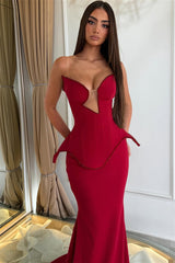 Elegant Burgundy Sweetheart Strapless Sleeveless Satin Mermaid Prom Dresses Sheath With Beading