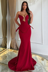 Elegant Burgundy Sweetheart Strapless Sleeveless Satin Mermaid Prom Dresses Sheath With Beading