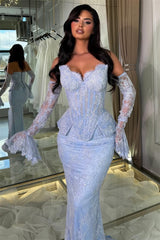 Charming Sky Blue Sweetheart Strapless Sleeveless Mermaid Lace Prom Dresses Column With Pleats