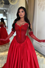 Luxurious Red Sweetheart Spaghetti-Straps Satin Prom Dresses A-Line With Pocket Lace-Up Back