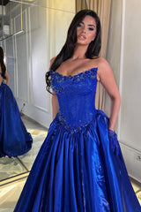 Romantic Royal Blue Strapless Sleeveless Satin Prom Dresses Gem A-Line With Pleats