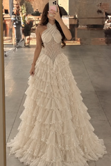 Charming Halter Sleeveless Tulle Prom Dresses Floor Length Gem With Pleats